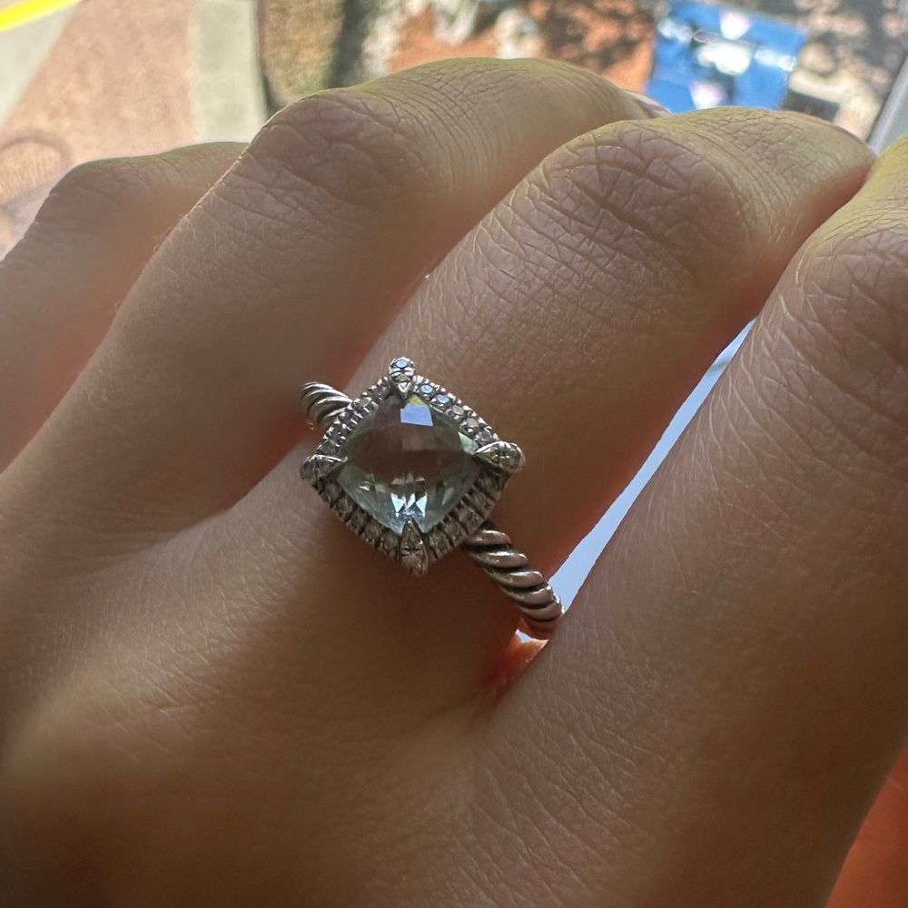 David Yurman Silver Ring with Prasiolite Gemstone and diamonds